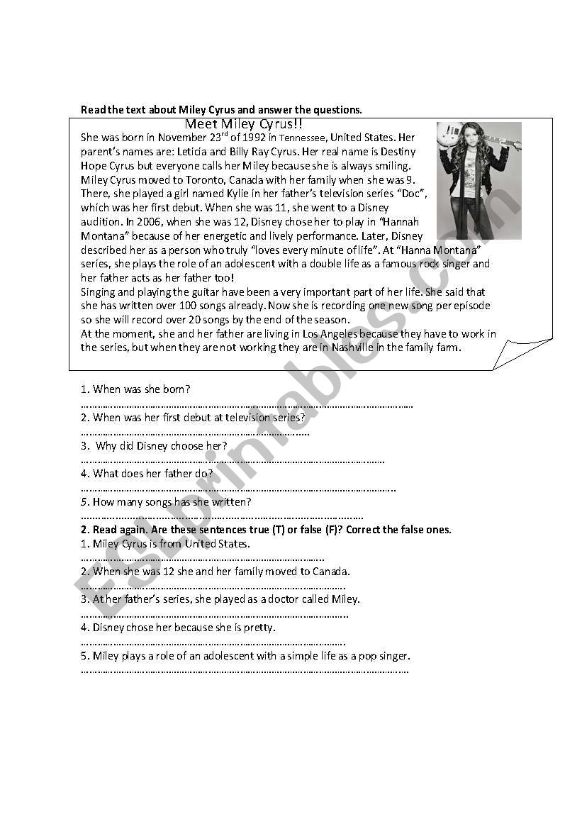 Miley Cirus worksheet