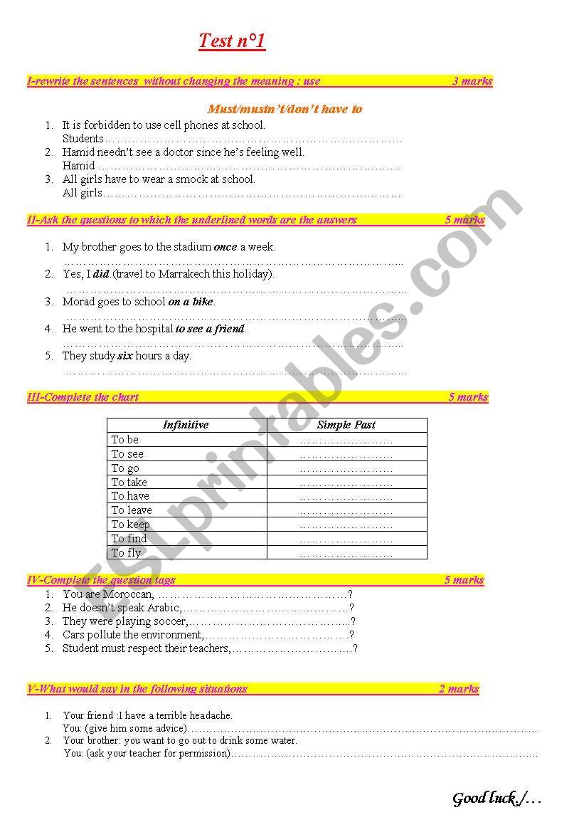 Common Core Test  worksheet