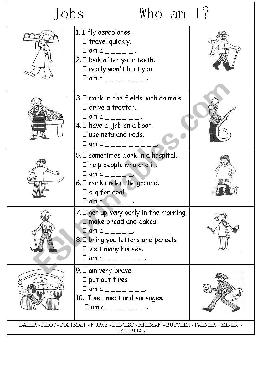 Jobs. Who am I? - ESL worksheet by yetigumboots For Who Am I Worksheet