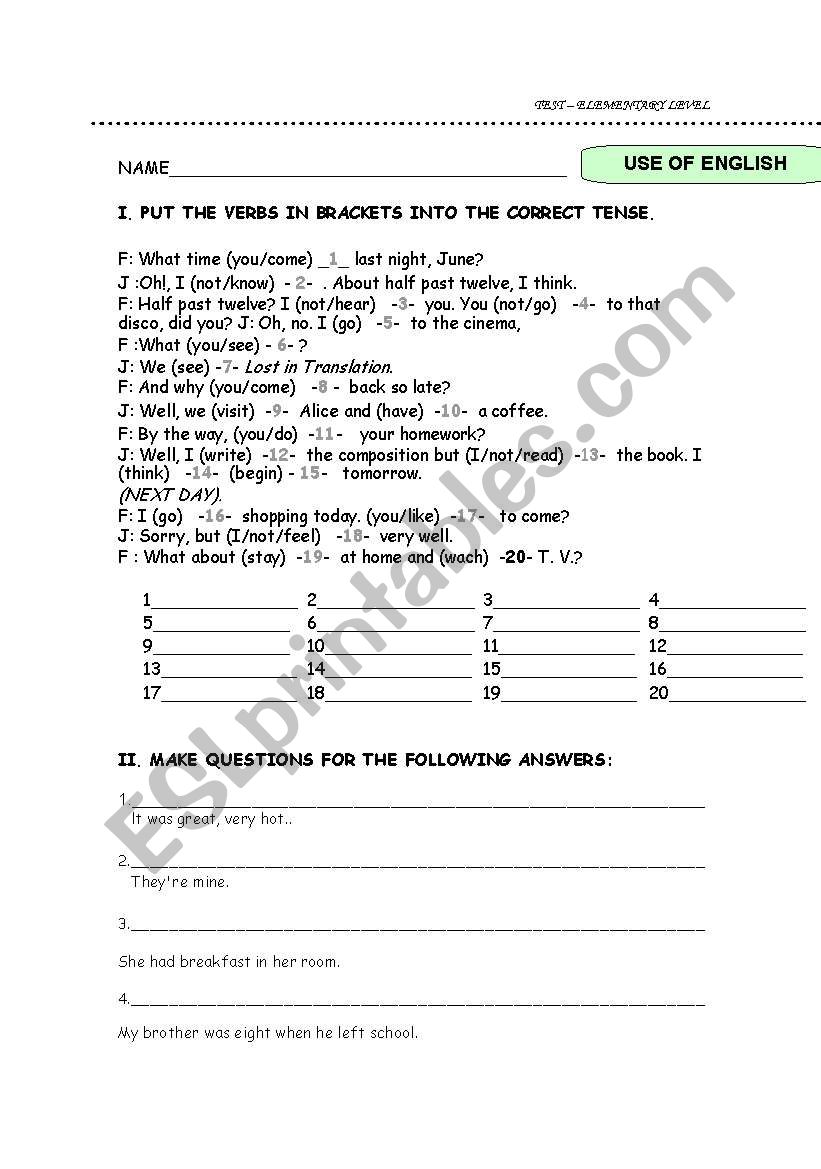 TEST ELEMENTARY LEVEL worksheet