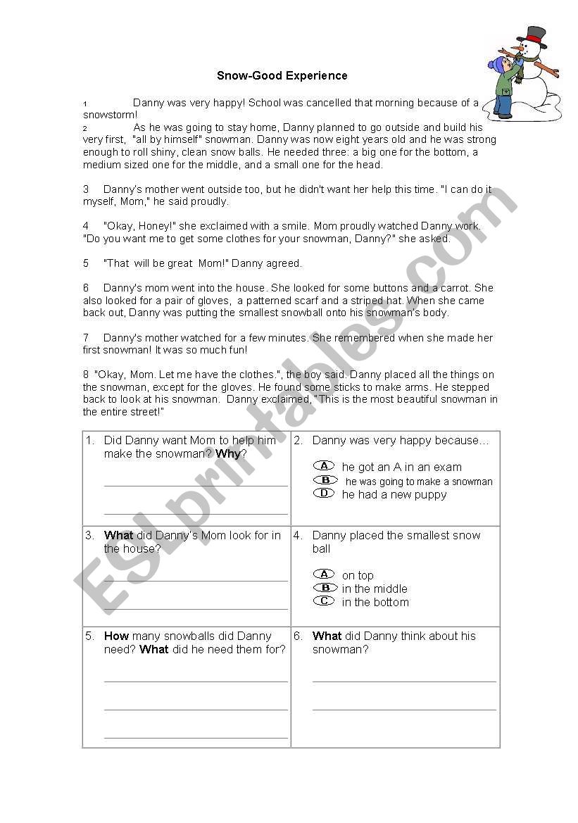 Snow Good Experience worksheet