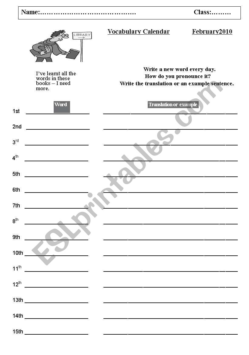 Vocabulary Calender  worksheet