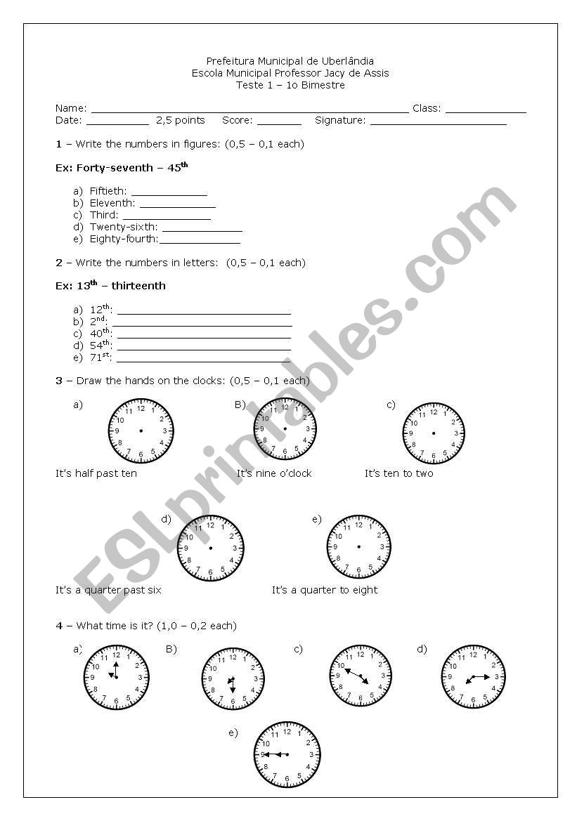 Test about ordinal numbers and time