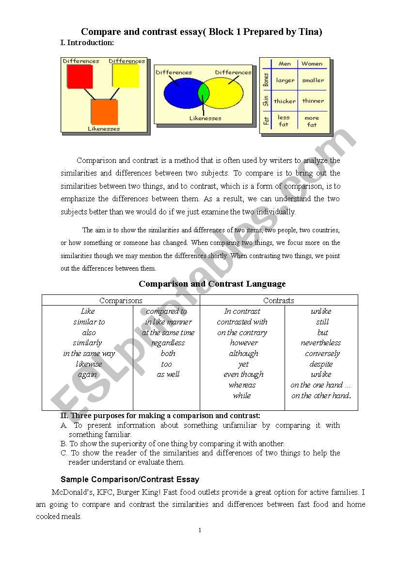 compare and contrast essay worksheet