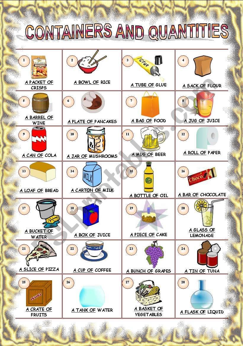 containers and quantities worksheet