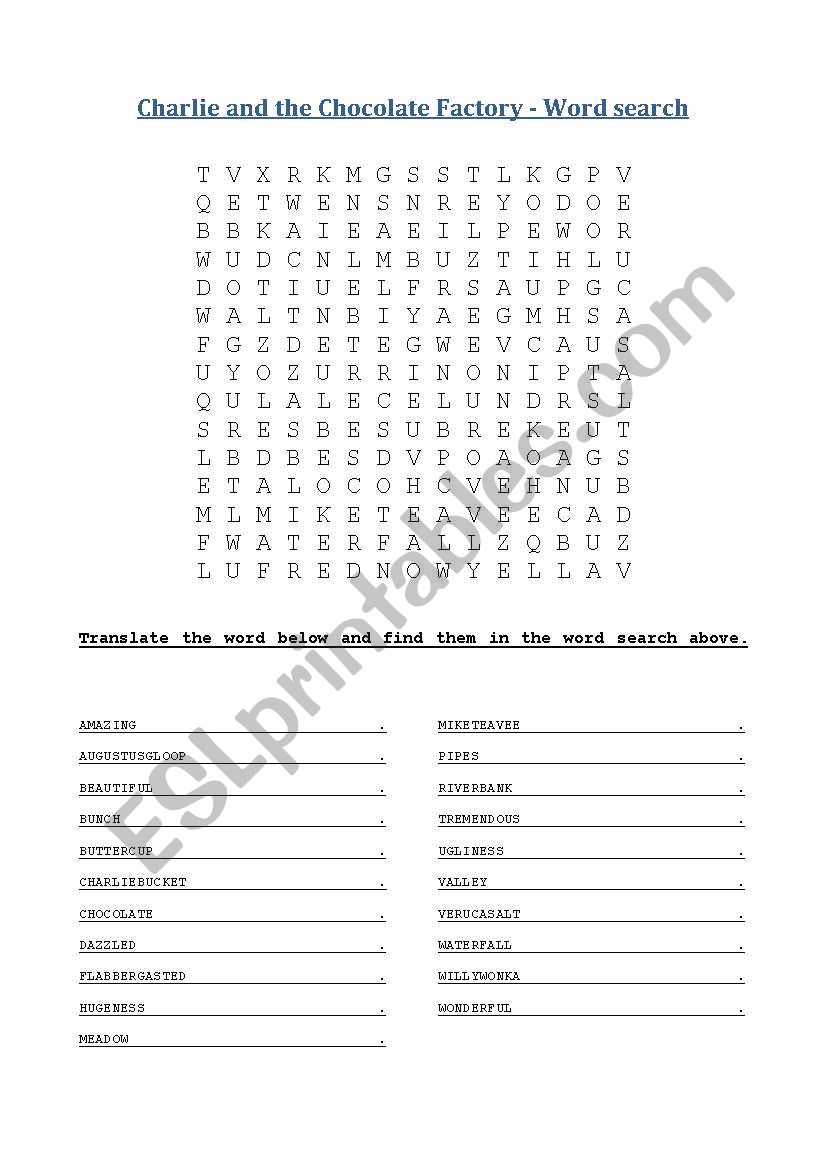 Wordsearch to Charlie and the Chocolate Factory - chapter 15