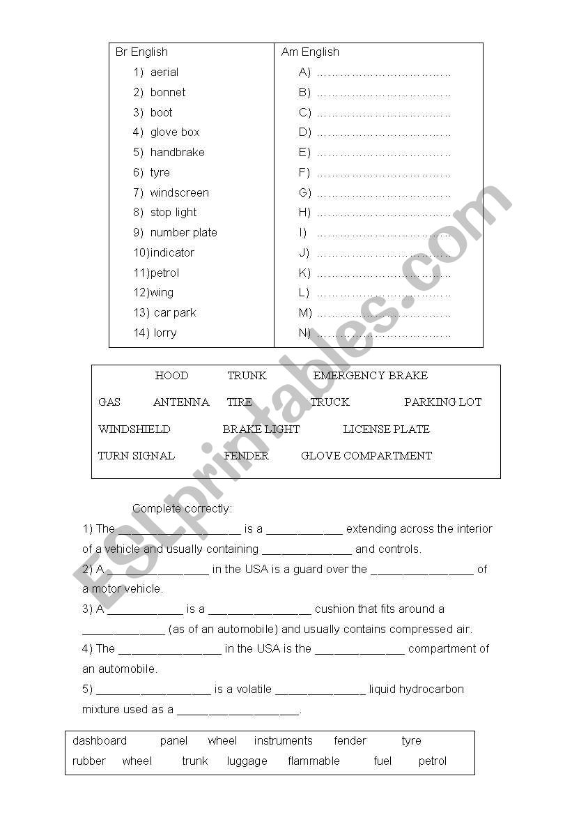 Car vocabulary  British/American Eng.