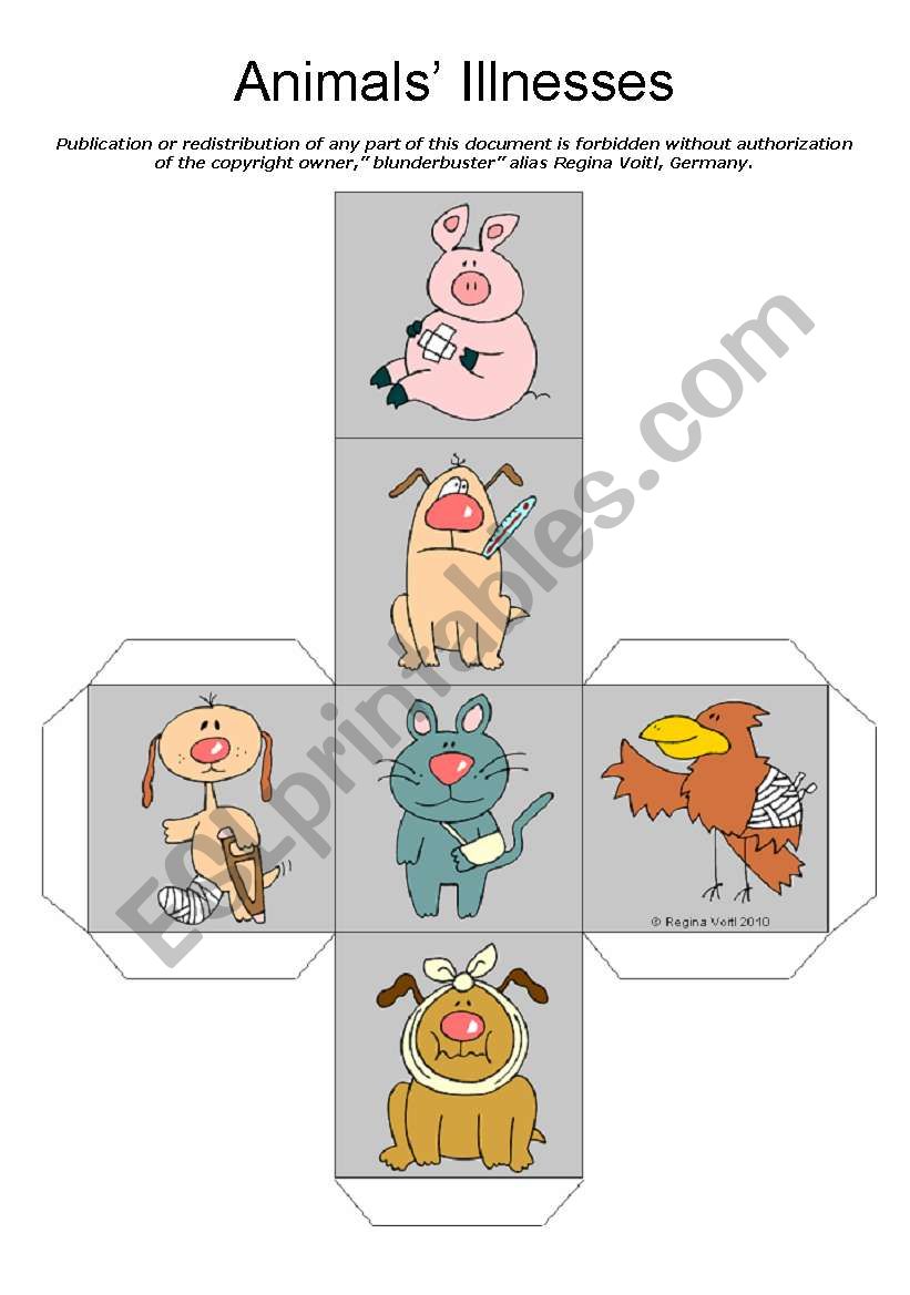 AnimalsÂ´ Injuries / Illnesses / Ailments Speaking Activity - Dice + BW Version