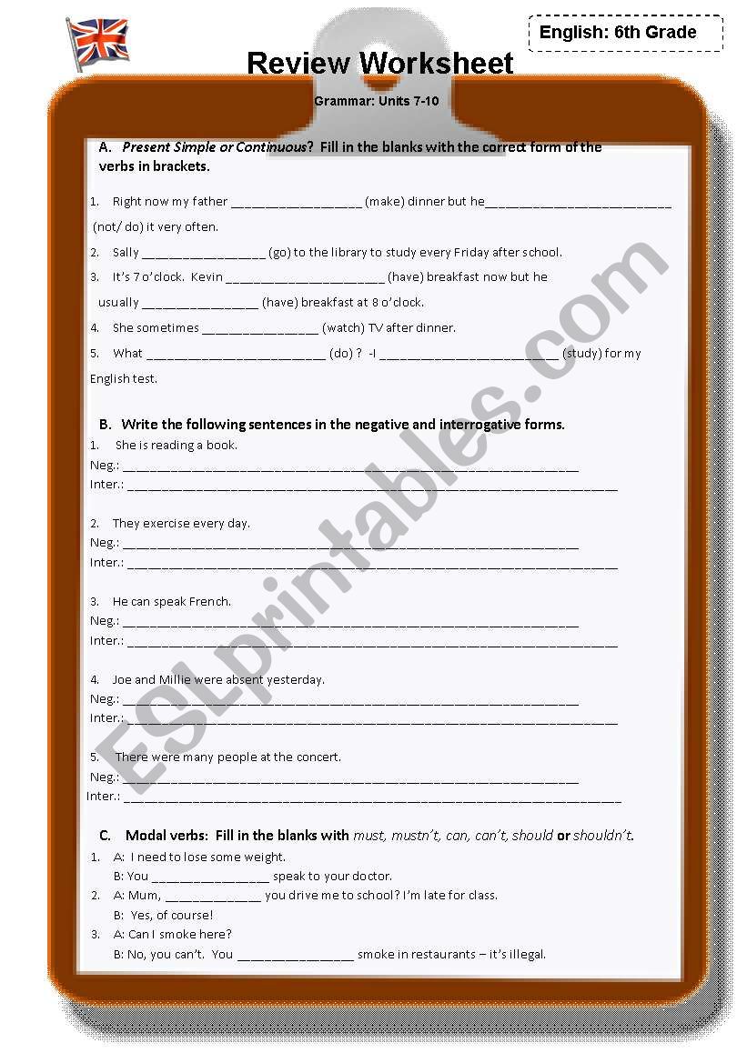 Grade 6 Grammar Review Worksheet