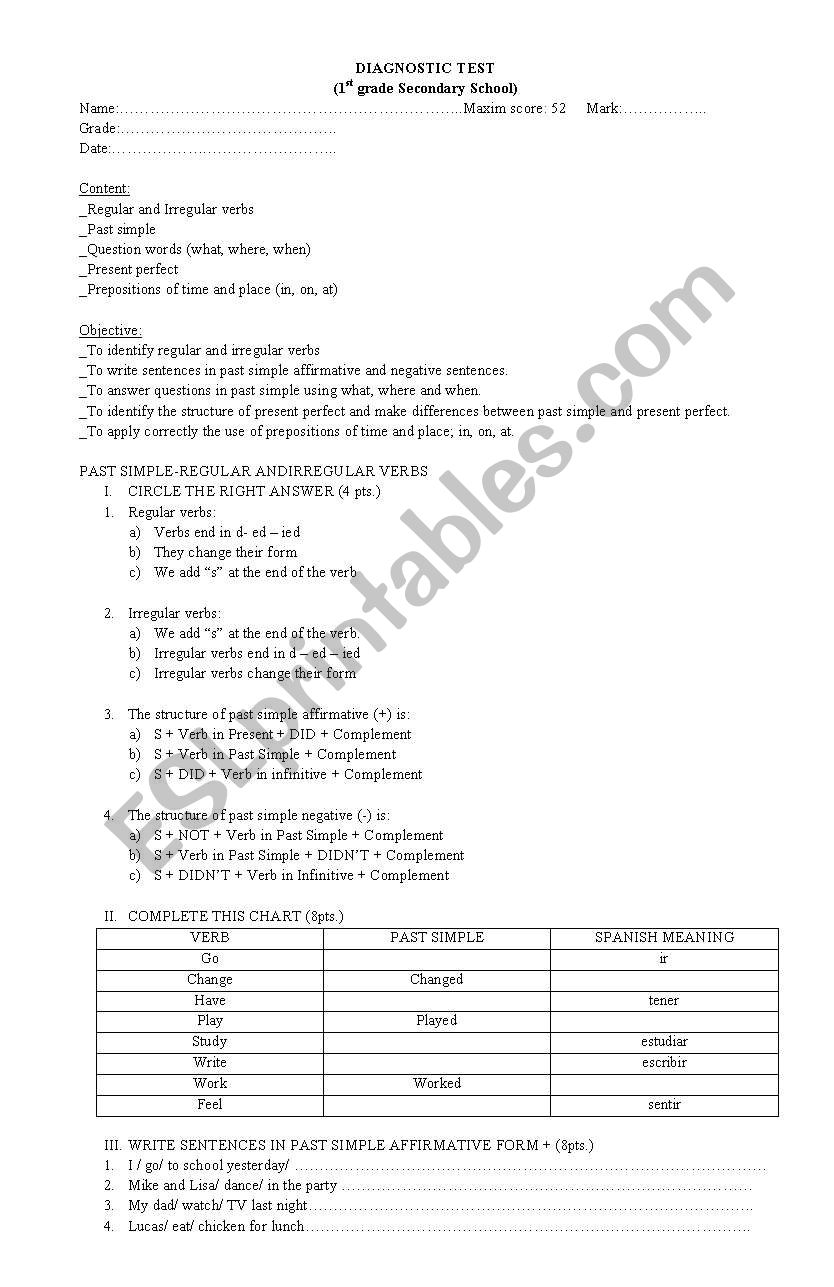 diagnostic test, first grade secondary school