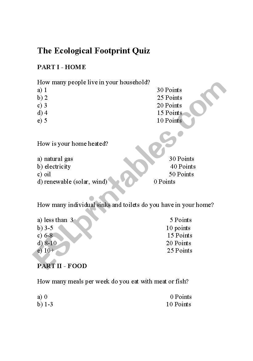 Ecological Footprint Quiz  worksheet