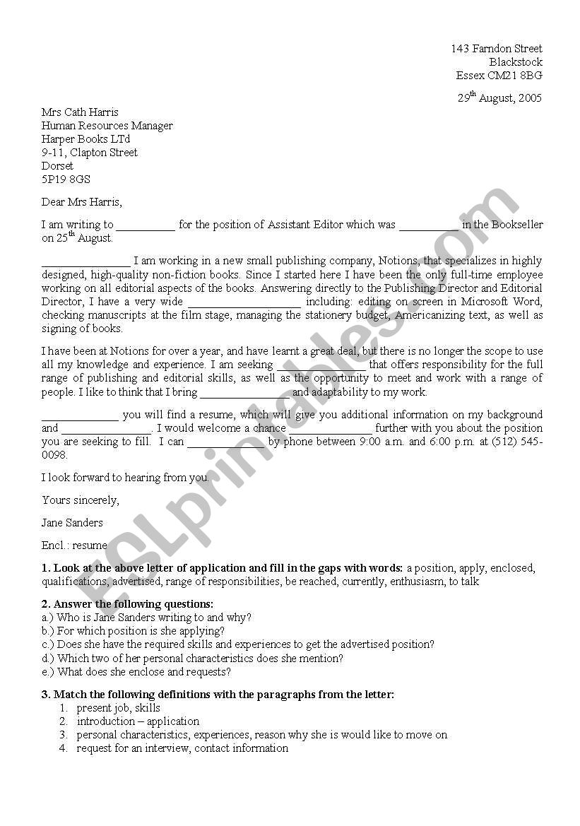 Letter of application  worksheet