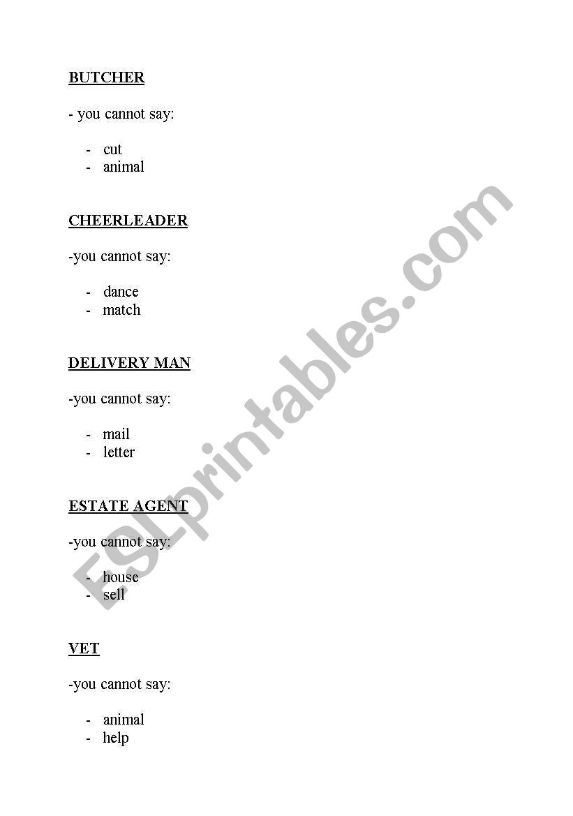 taboo game on jobs worksheet