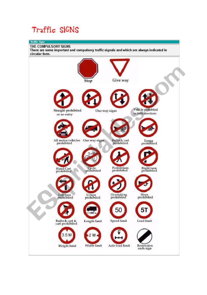 the compulsory traffic signs worksheet