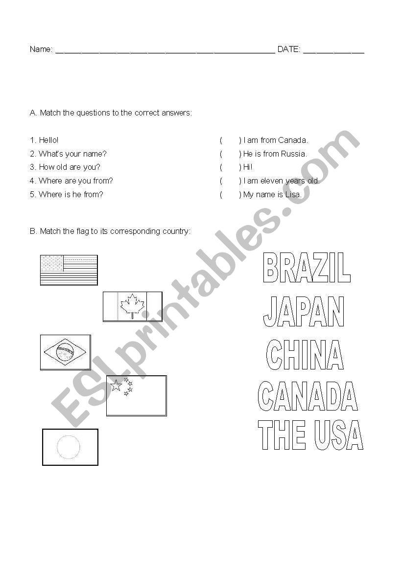 Countries test worksheet