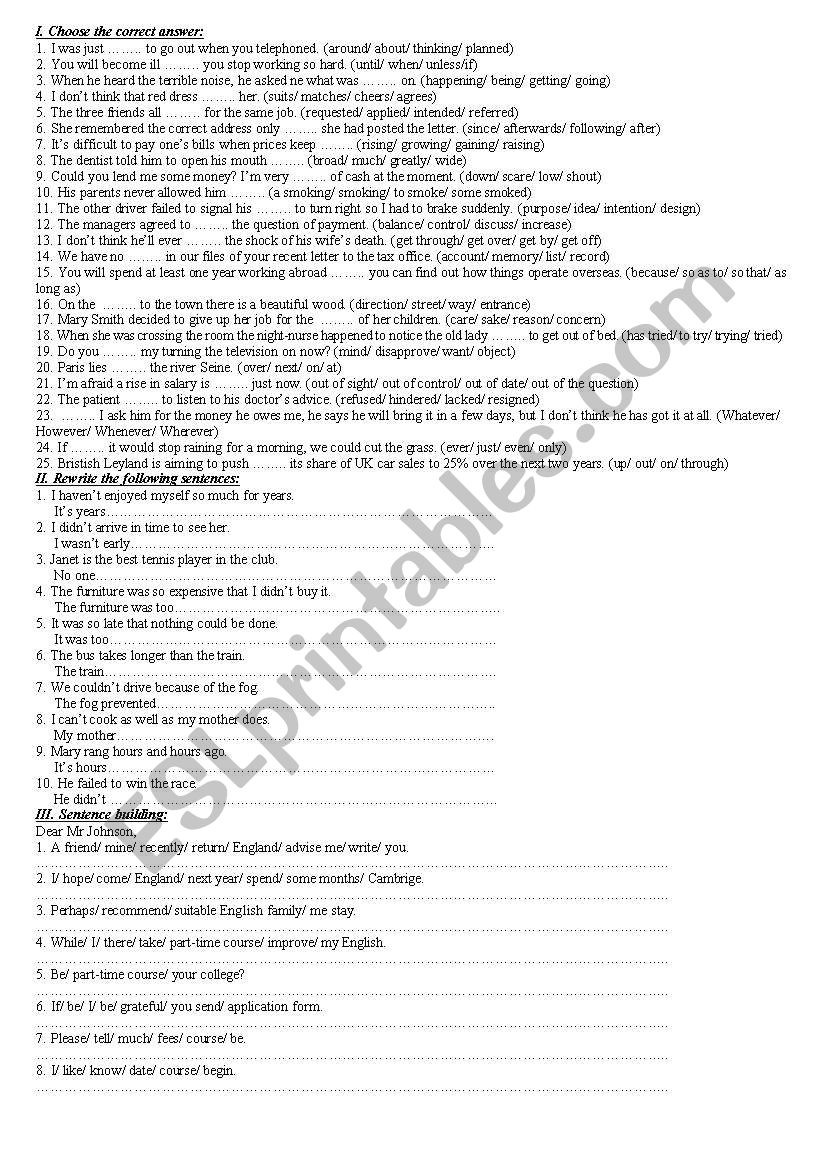 the small test for placement class at intermediate level