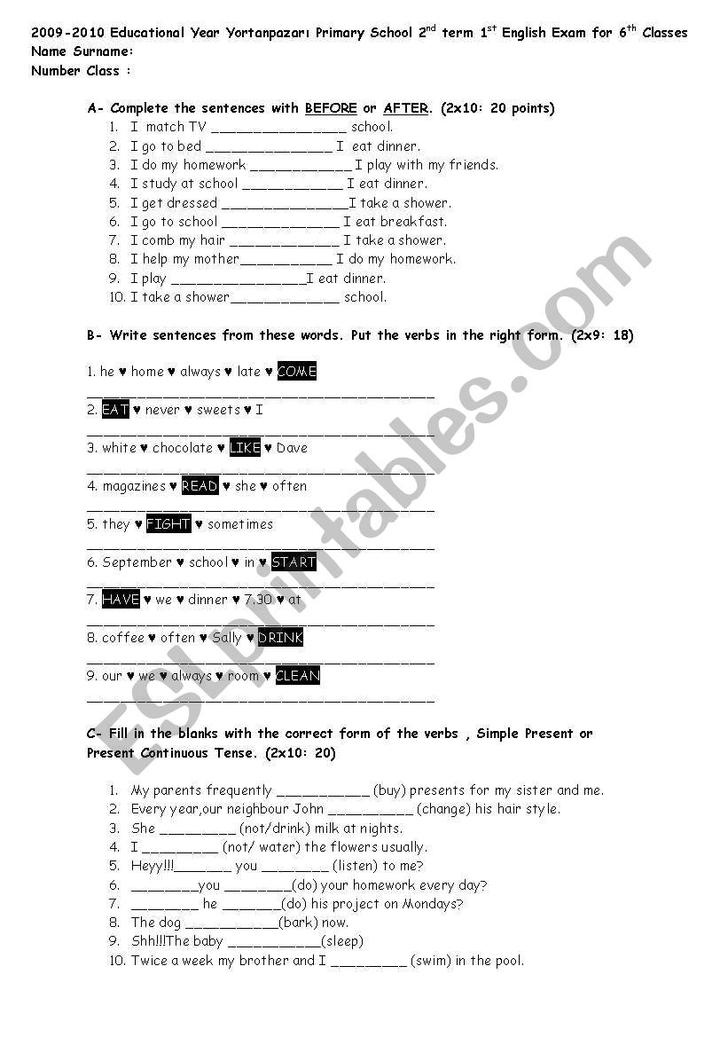 exam questions for 6th classes