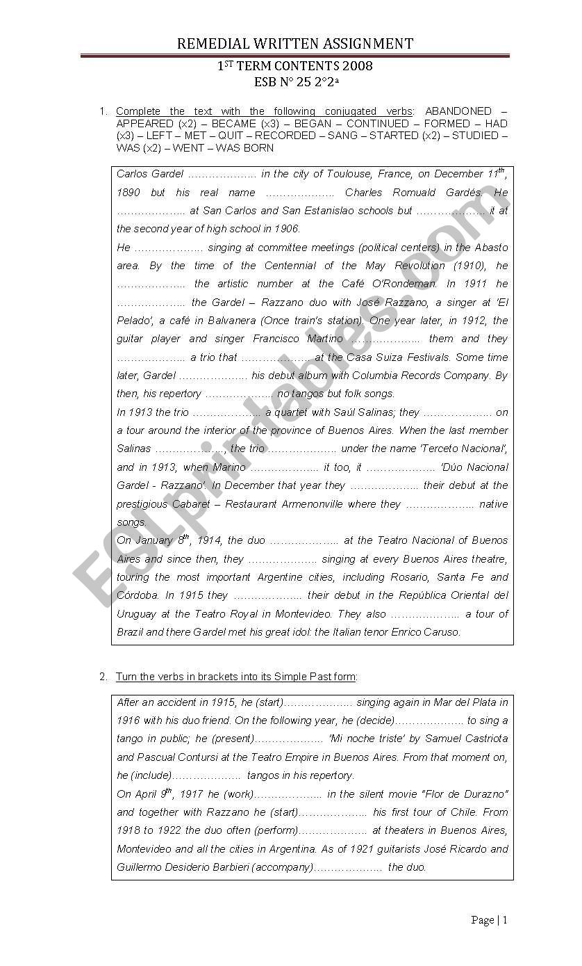 Carlos Gardel Biography worksheet