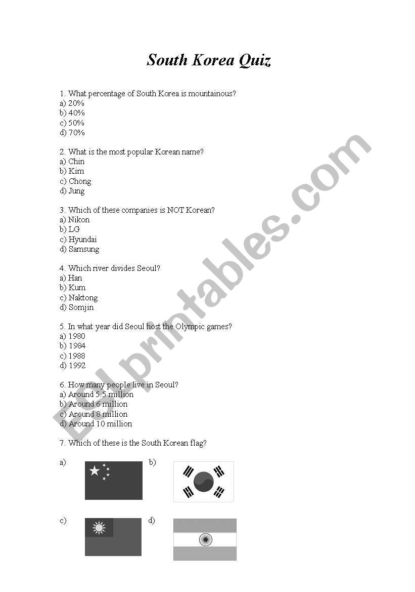 South Korea Quiz worksheet