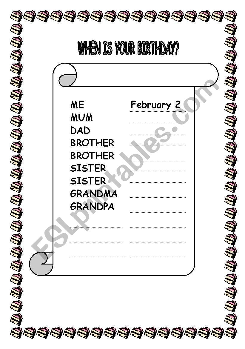 FAMILY BIRTHDAY CALENDAR worksheet