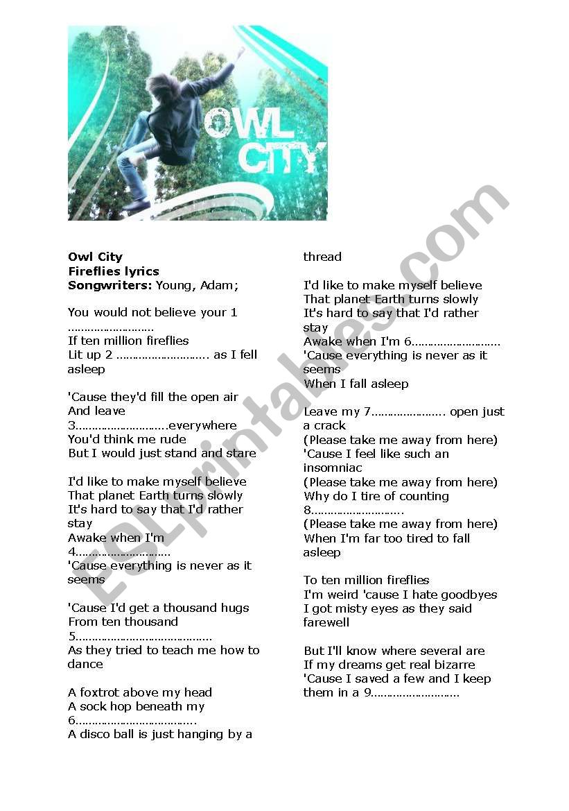 Owl City Fireflies listening worksheet