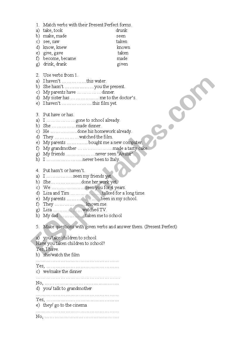 Present Perfect exercises worksheet