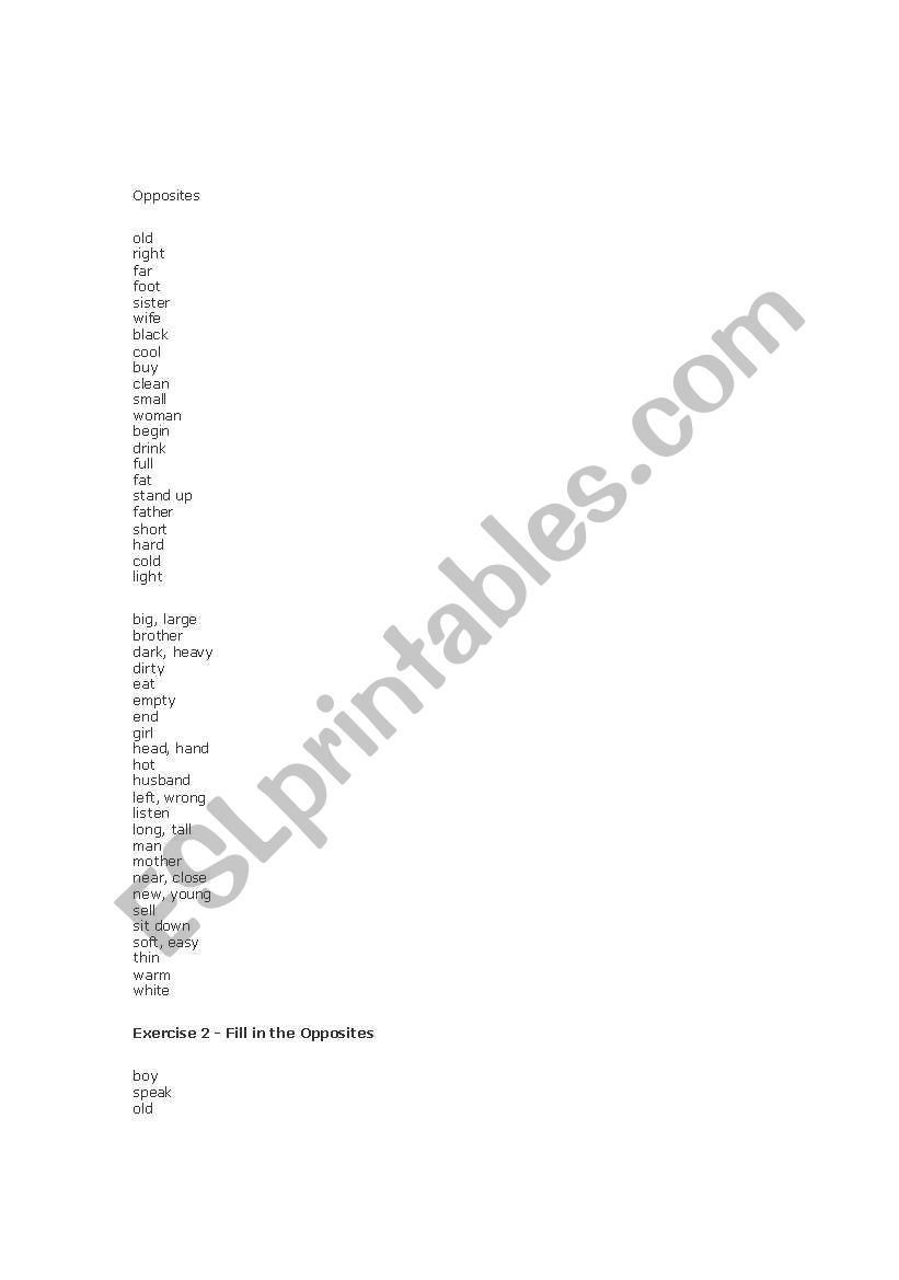 opposites worksheet