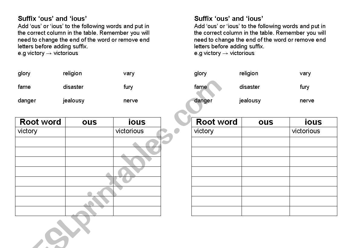 ous and ious endings worksheet