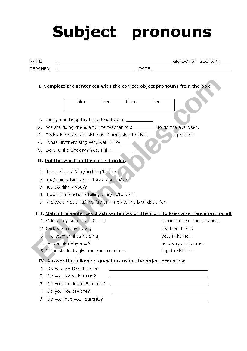 SUBJECT PRONOUNS worksheet