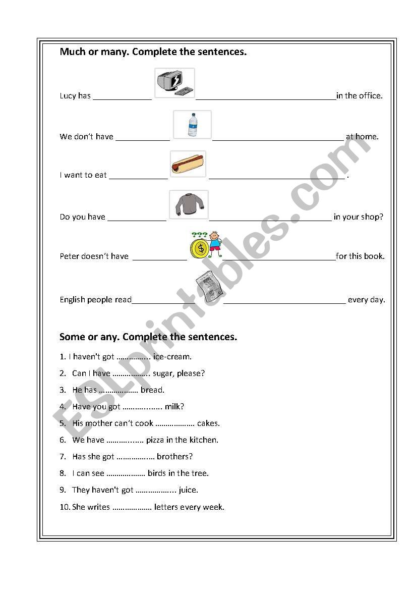 Much and many, some and any worksheet