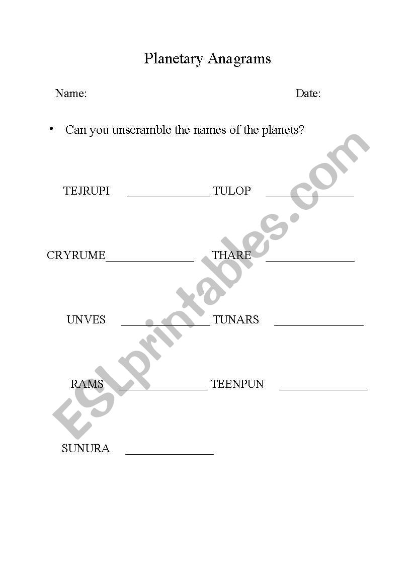 planets anagram worksheet