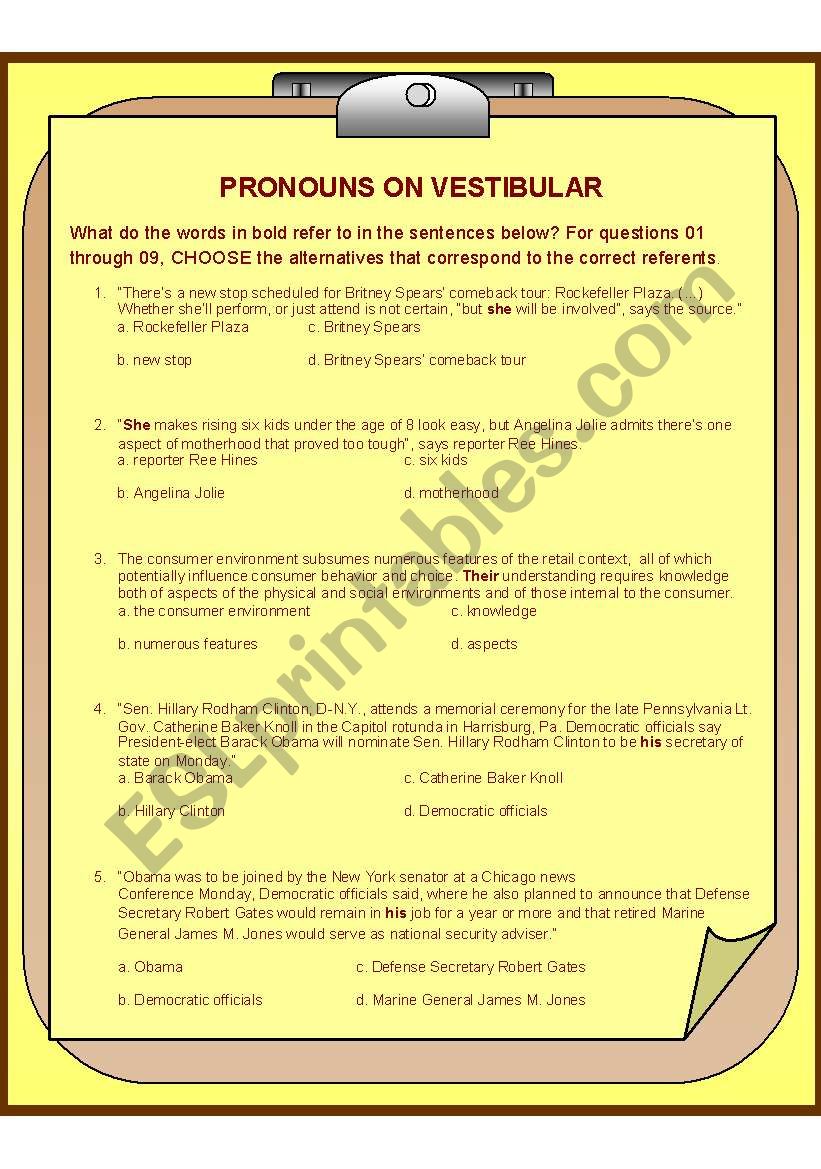 Pronouns - multiple choice worksheet