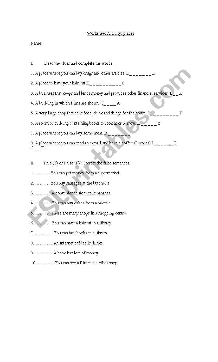 Places worksheet