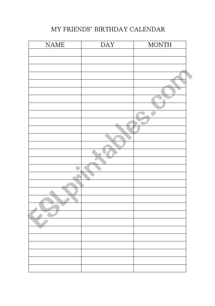 My friends birthday calendar worksheet