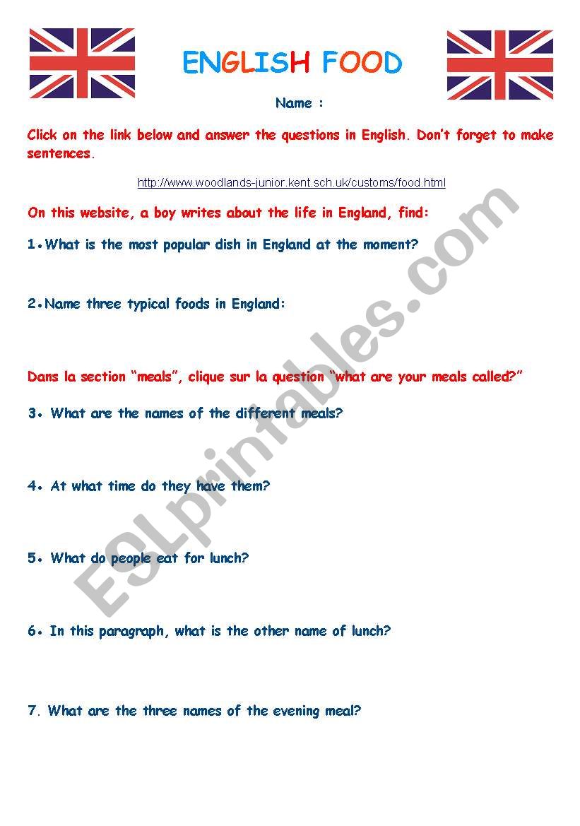 Webquest English food worksheet