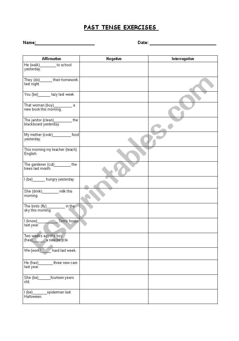 PAST TENSE EXERCISES worksheet