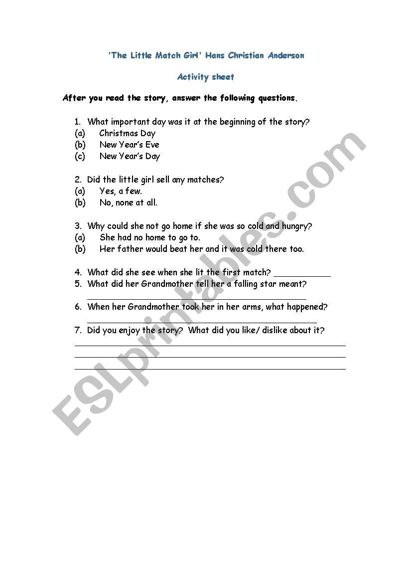 The Little Match Girl worksheet