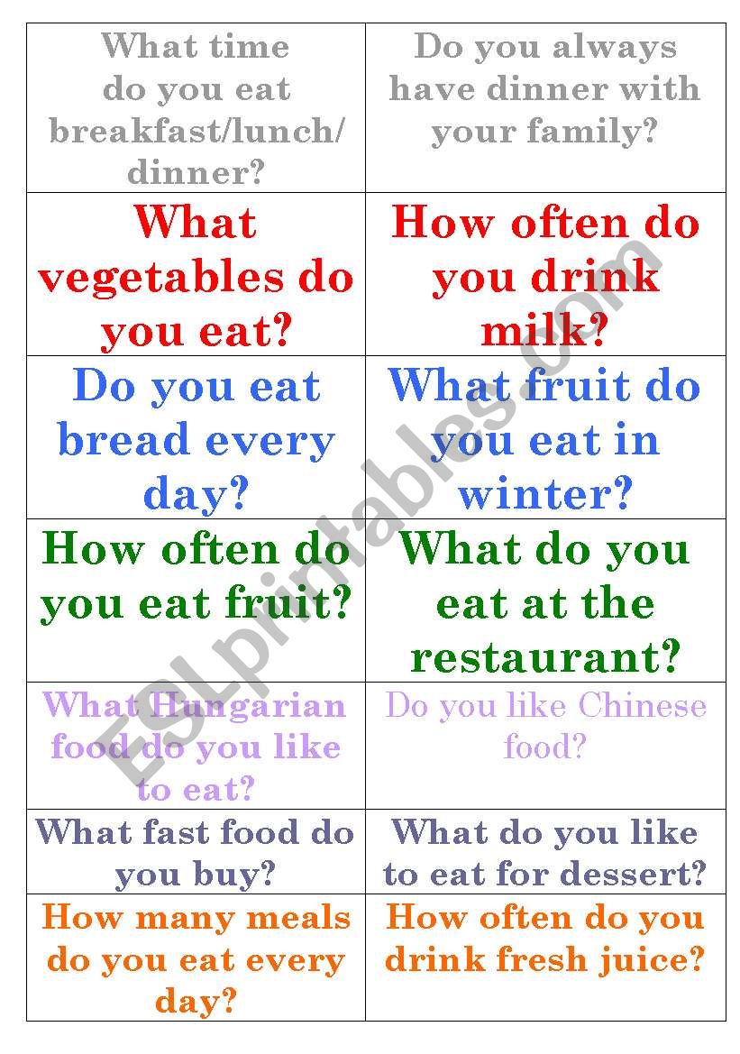 Food question cards worksheet
