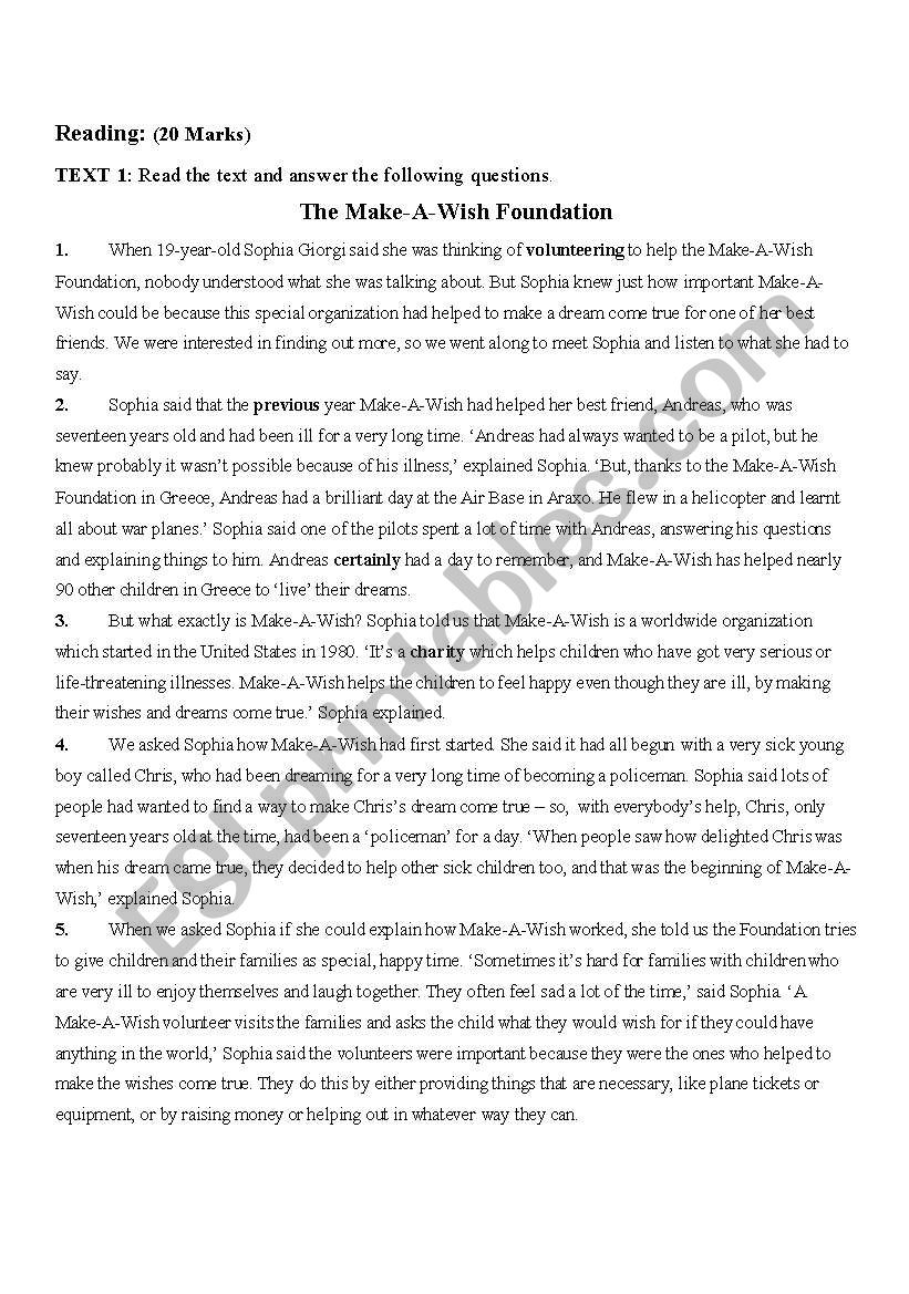 Reading - Wish foundation worksheet