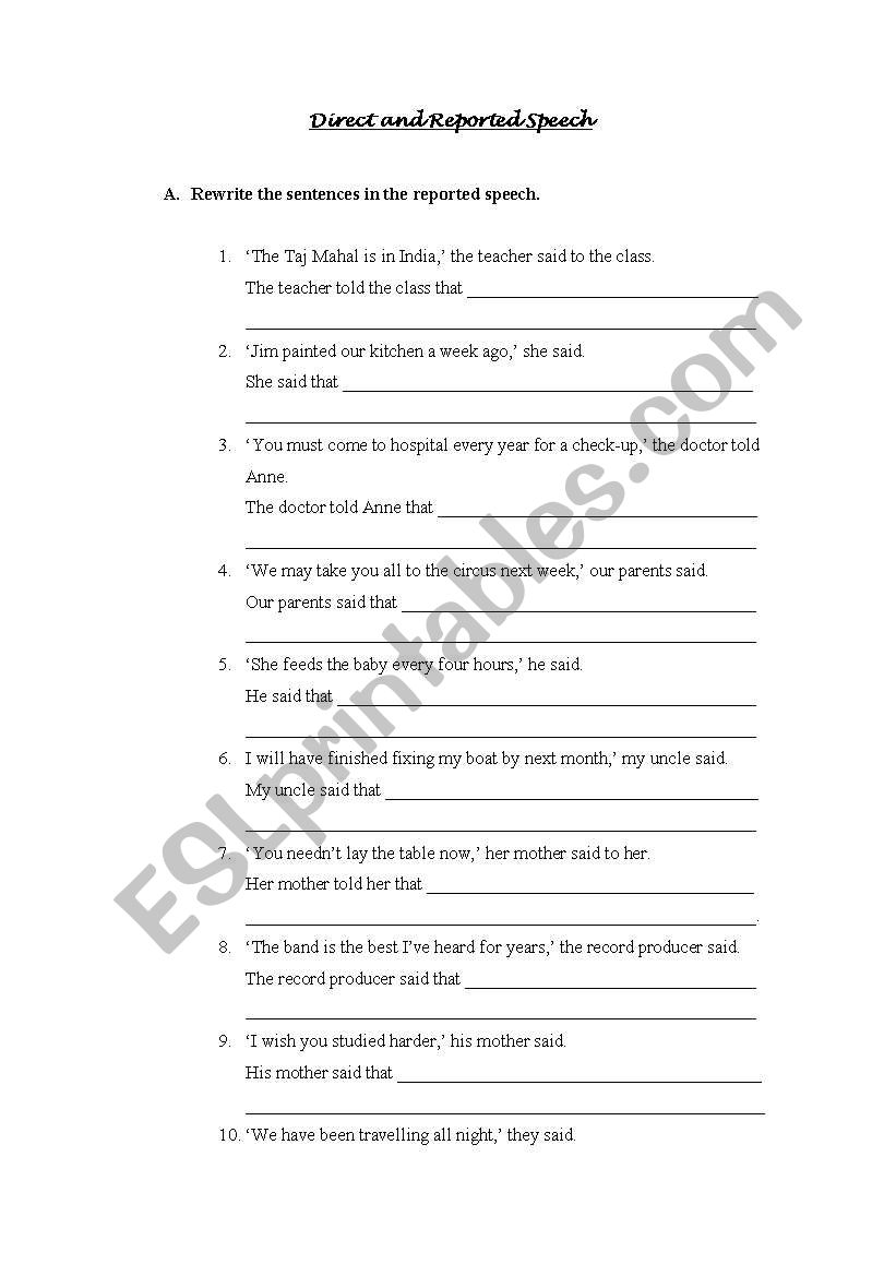 Direct and Reported Speech worksheet