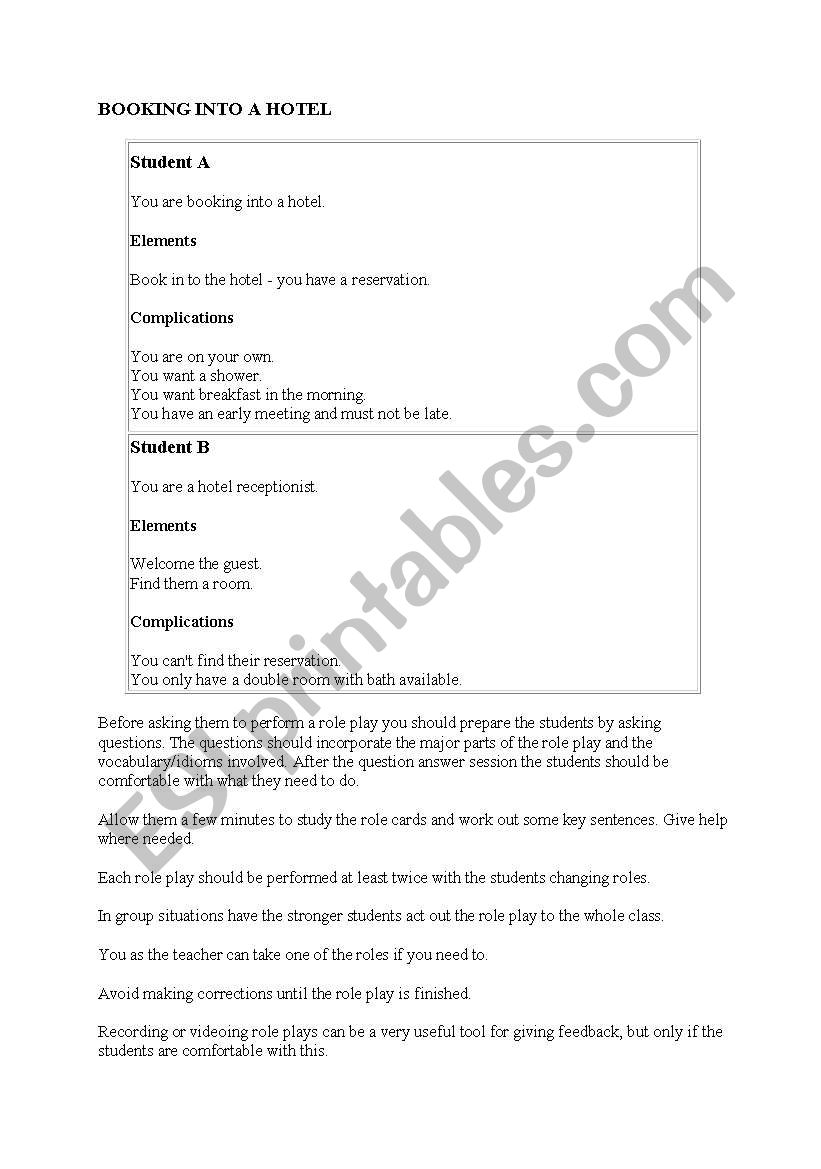 Hotel reservation worksheet