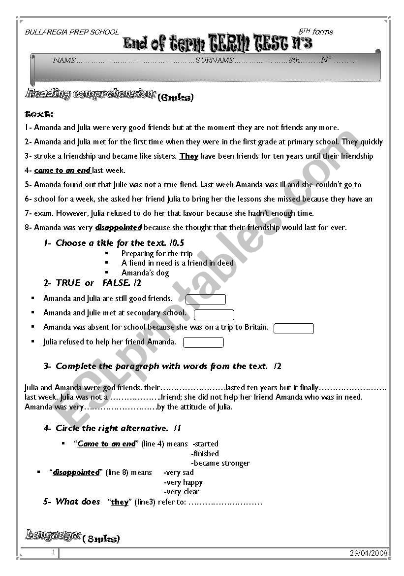 endterm test 3 for 8th worksheet