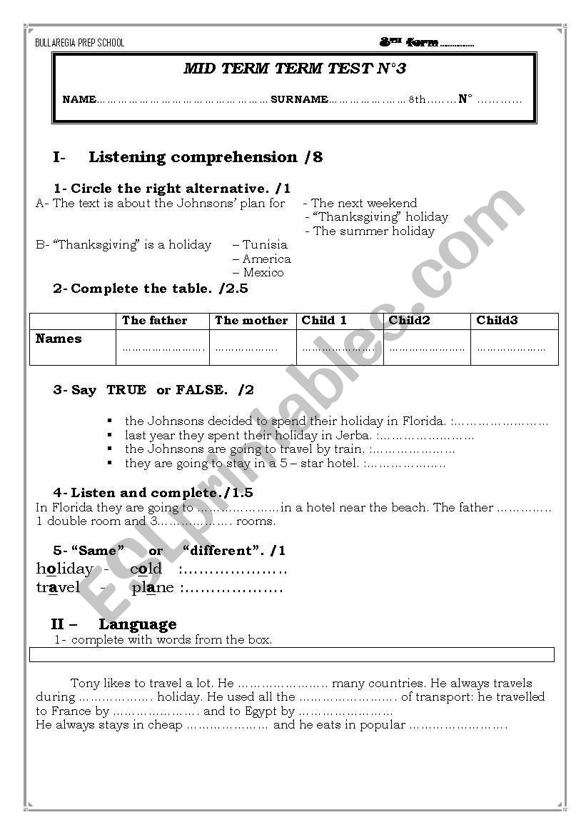 mid term test 3 for 8th worksheet