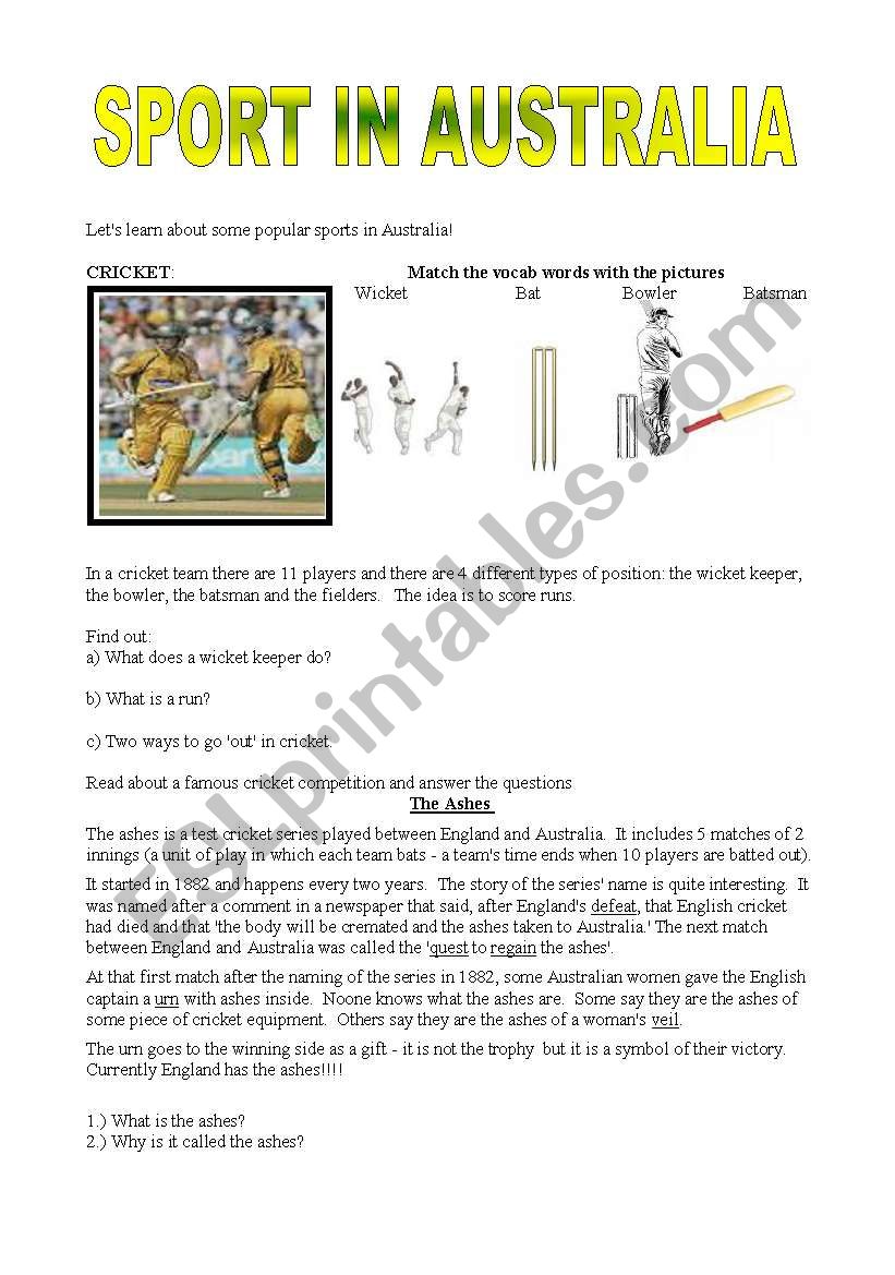 Sport in Australia worksheet