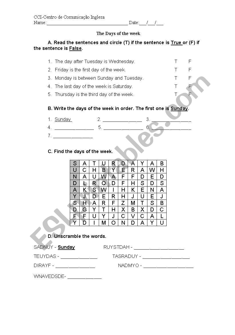 Days of the week worksheet