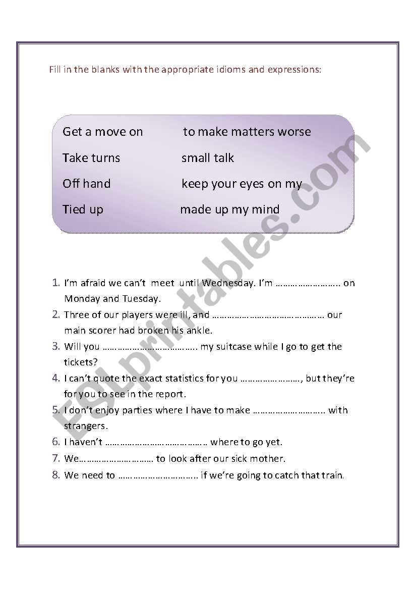 Idioms and expressions worksheet