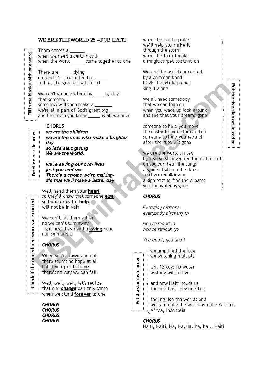 Song: We are the world 25 worksheet