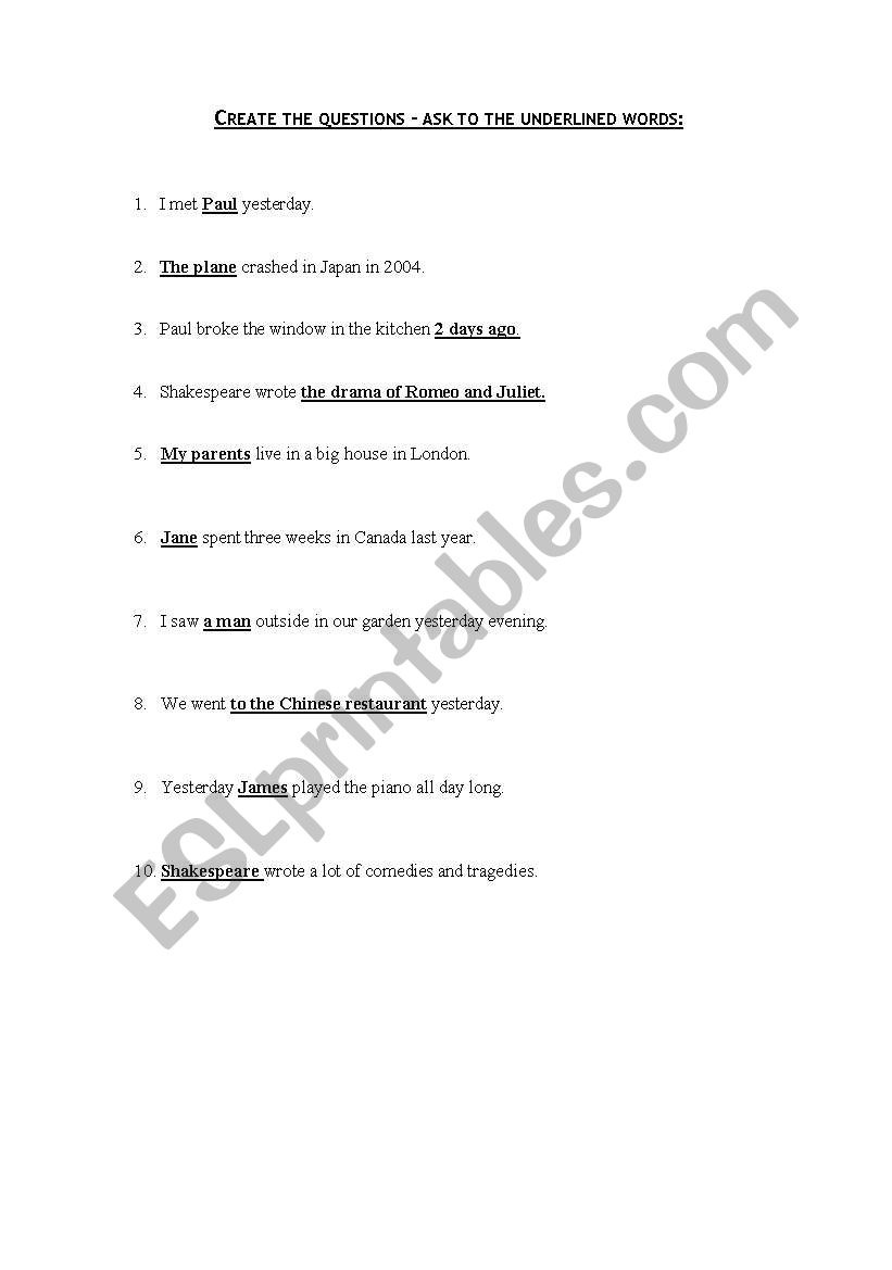 Questions worksheet