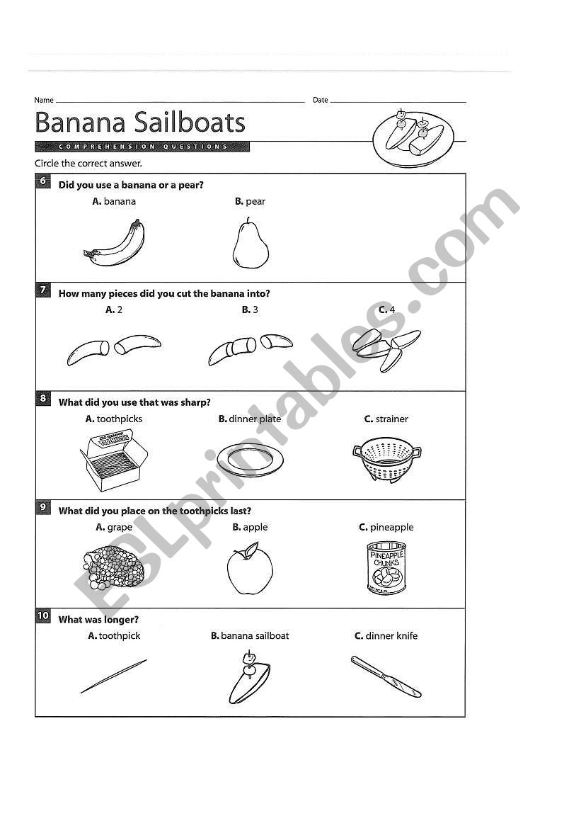 banana sailboat (cooking) worksheet