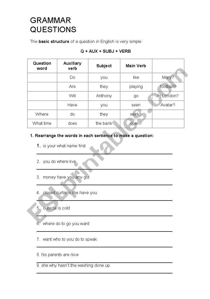 Questions worksheet